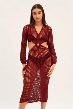 Brown Crochet Cutout Knit Dress -Midi Dresses Style dd12884 f3 brown 3