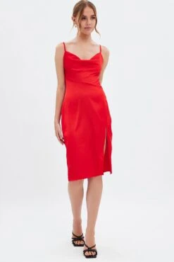 Red Cowl Neck Slip Midi Dress -Midi Dresses Style dd12920 f3 red 3