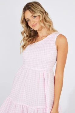 Pink Check Midi Dress One Shoulder -Midi Dresses Style dd1385 35rb check 3