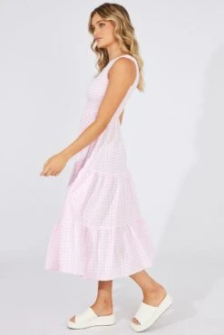 Pink Check Midi Dress One Shoulder -Midi Dresses Style dd1385 35rb check 4