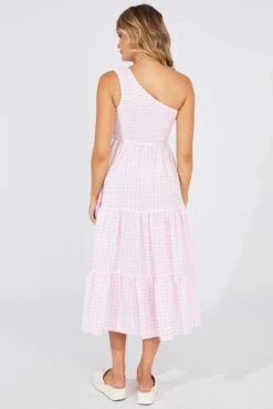 Pink Check Midi Dress One Shoulder -Midi Dresses Style dd1385 35rb check 5