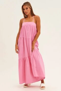 Pink Midi Dress Sleeveless Square Neck Poplin -Midi Dresses Style dd14468 34pb pink 3