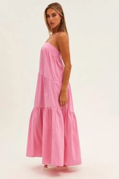 Pink Midi Dress Sleeveless Square Neck Poplin -Midi Dresses Style dd14468 34pb pink 4