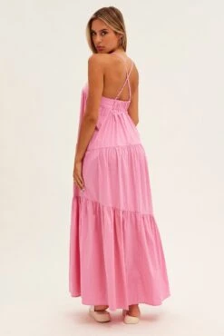 Pink Midi Dress Sleeveless Square Neck Poplin -Midi Dresses Style dd14468 34pb pink 5