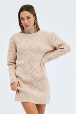 Camel Knit Dress Long Sleeve Turtleneck Cable -Midi Dresses Style dd1457 40rb camel 3