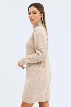 Camel Knit Dress Long Sleeve Turtleneck Cable -Midi Dresses Style dd1457 40rb camel 4