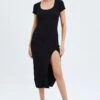 Black Knit Dress Short Sleeve Bodycon Midi