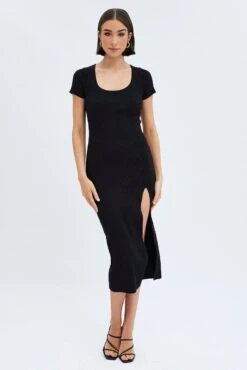 Black Knit Dress Short Sleeve Bodycon Midi -Midi Dresses Style dd1461 40r black 3