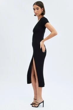 Black Knit Dress Short Sleeve Bodycon Midi -Midi Dresses Style dd1461 40r black 4
