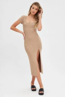 Beige Knit Dress Short Sleeve Bodycon Midi 10 Beige Knit Dress Short Sleeve Bodycon Midi -Midi Dresses Style dd1461 40r camel 3