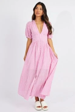 Pink Midi Dress Puff Sleeve -Midi Dresses Style dd1485d 36p pink 3