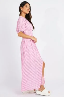 Pink Midi Dress Puff Sleeve -Midi Dresses Style dd1485d 36p pink 4