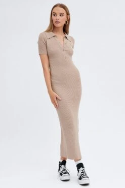 Beige Knit Dress Short Sleeve Maxi Collared -Midi Dresses Style dd1487 40rb beige 3