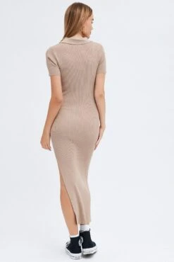 Beige Knit Dress Short Sleeve Maxi Collared -Midi Dresses Style dd1487 40rb beige 5