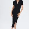 Black Knit Dress Short Sleeve Maxi Collared -Midi Dresses Style dd1487 40rb black 1