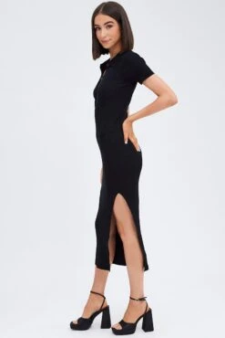 Black Knit Dress Short Sleeve Maxi Collared -Midi Dresses Style dd1487 40rb black 4