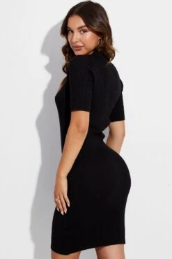 Black Knit Dress Short Sleeve Collared V-Neck Mini -Midi Dresses Style dd1488a 40r black 5