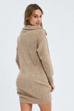Camel Knit Dress Long Sleeve Turtleneck Zip -Midi Dresses Style dd1498 40rb camel 5