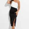Black Midi Dress One Shoulder Asymmetric Color Block -Midi Dresses Style dd1508 34rb black 1