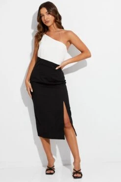 Black Midi Dress One Shoulder Asymmetric Color Block -Midi Dresses Style dd1508 34rb black 3