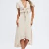 Beige Midi Dress Short Sleeve Tie Back Satin -Midi Dresses Style dd1545 33rb champagne 1