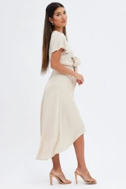 Beige Midi Dress Short Sleeve Tie Back Satin -Midi Dresses Style dd1545 33rb champagne 4