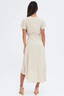 Beige Midi Dress Short Sleeve Tie Back Satin -Midi Dresses Style dd1545 33rb champagne 5