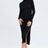 Black Midi Dress Long Sleeve High Neck Rib Jersey 2 Black Midi Dress Long Sleeve High Neck Rib Jersey -Midi Dresses Style dd1548 35r black 1