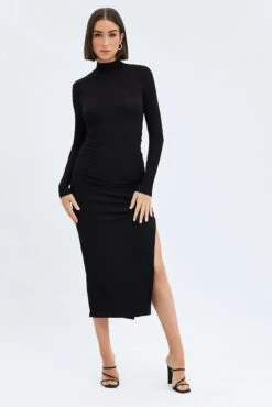 Black Midi Dress Long Sleeve High Neck Rib Jersey -Midi Dresses Style dd1548 35r black 3