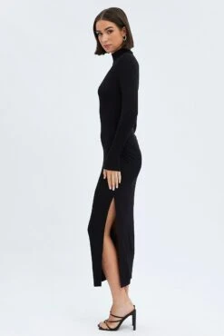 Black Midi Dress Long Sleeve High Neck Rib Jersey -Midi Dresses Style dd1548 35r black 4