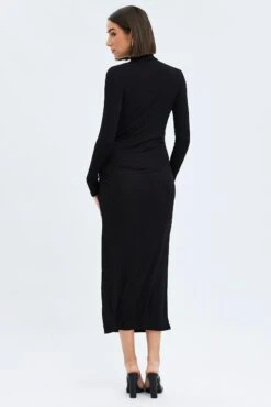 Black Midi Dress Long Sleeve High Neck Rib Jersey -Midi Dresses Style dd1548 35r black 5