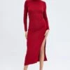 Red Midi Dress Long Sleeve High Neck Rib Jersey -Midi Dresses Style dd1548 35r red 1