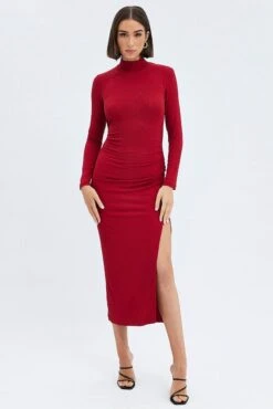 Red Midi Dress Long Sleeve High Neck Rib Jersey -Midi Dresses Style dd1548 35r red 3