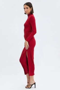 Red Midi Dress Long Sleeve High Neck Rib Jersey -Midi Dresses Style dd1548 35r red 4