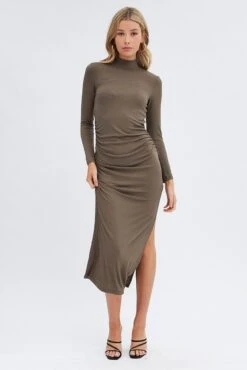 Green Midi Dress Long Sleeve High Neck Rib Jersey -Midi Dresses Style dd1548 35rb khaki 3