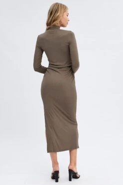 Green Midi Dress Long Sleeve High Neck Rib Jersey -Midi Dresses Style dd1548 35rb khaki 5
