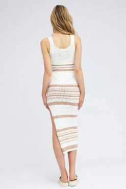 Beige Stripe Knit Dress Sleeveless Crochet 12 Beige Stripe Knit Dress Sleeveless Crochet -Midi Dresses Style dd1679 40rb stripe 5