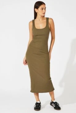 Green Midi Dress Sleeveless Bodycon Rib -Midi Dresses Style dd1682a 84rb khaki 3