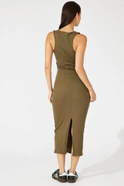 Green Midi Dress Sleeveless Bodycon Rib -Midi Dresses Style dd1682a 84rb khaki 5