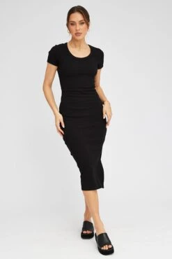Black Midi Dress Short Sleeve Rib -Midi Dresses Style dd1684 84rk black 3