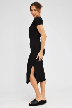 Black Midi Dress Short Sleeve Rib -Midi Dresses Style dd1684 84rk black 4