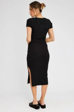 Black Midi Dress Short Sleeve Rib -Midi Dresses Style dd1684 84rk black 5