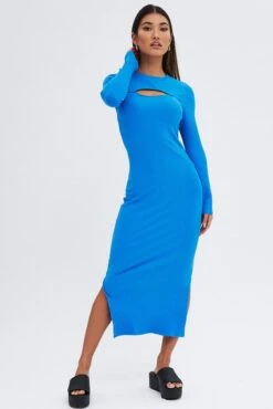 Blue Midi Dress Long Sleeve Mock Neck Cut Out Bodycon
