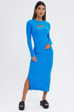 Blue Midi Dress Long Sleeve Mock Neck Cut Out Bodycon -Midi Dresses Style dd1689 84cb azure 3