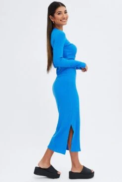 Blue Midi Dress Long Sleeve Mock Neck Cut Out Bodycon -Midi Dresses Style dd1689 84cb azure 4