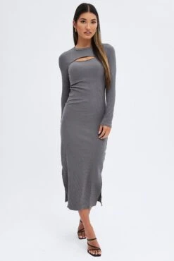 Grey Midi Dress Long Sleeve Mock Neck Cut Out Bodycon -Midi Dresses Style dd1689 84cb charcoal 3