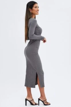 Grey Midi Dress Long Sleeve Mock Neck Cut Out Bodycon -Midi Dresses Style dd1689 84cb charcoal 4