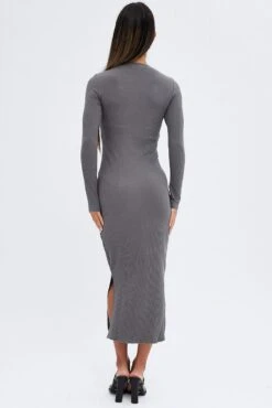 Grey Midi Dress Long Sleeve Mock Neck Cut Out Bodycon -Midi Dresses Style dd1689 84cb charcoal 5