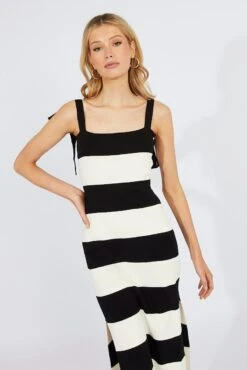 Black Stripe Knit Dress Sleeveless Tie Shoulder 9 Black Stripe Knit Dress Sleeveless Tie Shoulder -Midi Dresses Style dd1752 40rb stripe 2