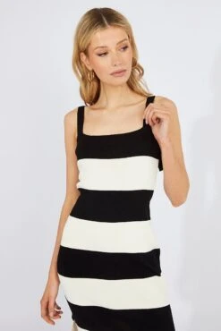 Black Stripe Knit Dress Sleeveless Tie Shoulder 10 Black Stripe Knit Dress Sleeveless Tie Shoulder -Midi Dresses Style dd1752 40rb stripe 3